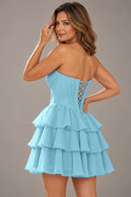 Romantic Fit and Flare Sweetheart Strapless Lace-Up Back Mini Homecoming Dress