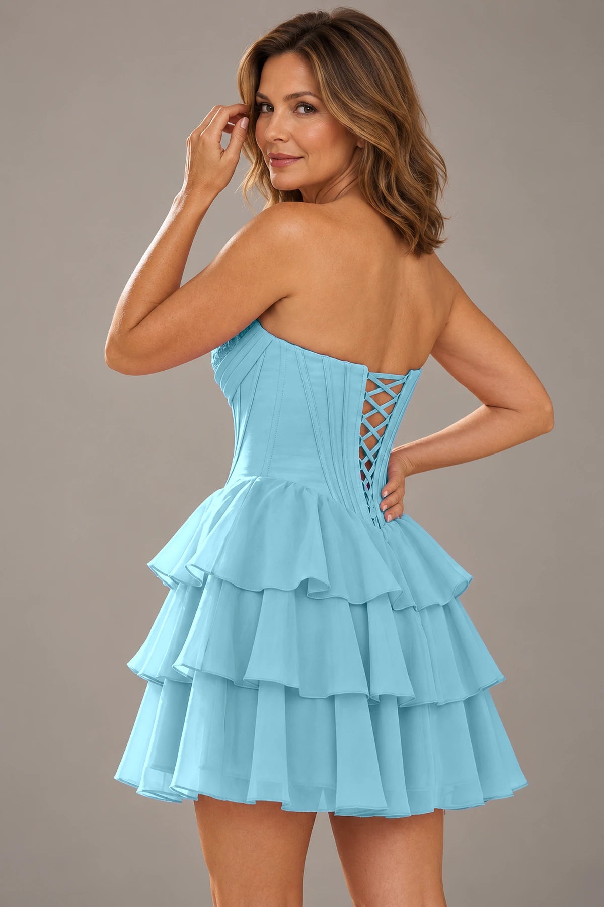 Romantic Fit and Flare Sweetheart Strapless Lace-Up Back Mini Homecoming Dress