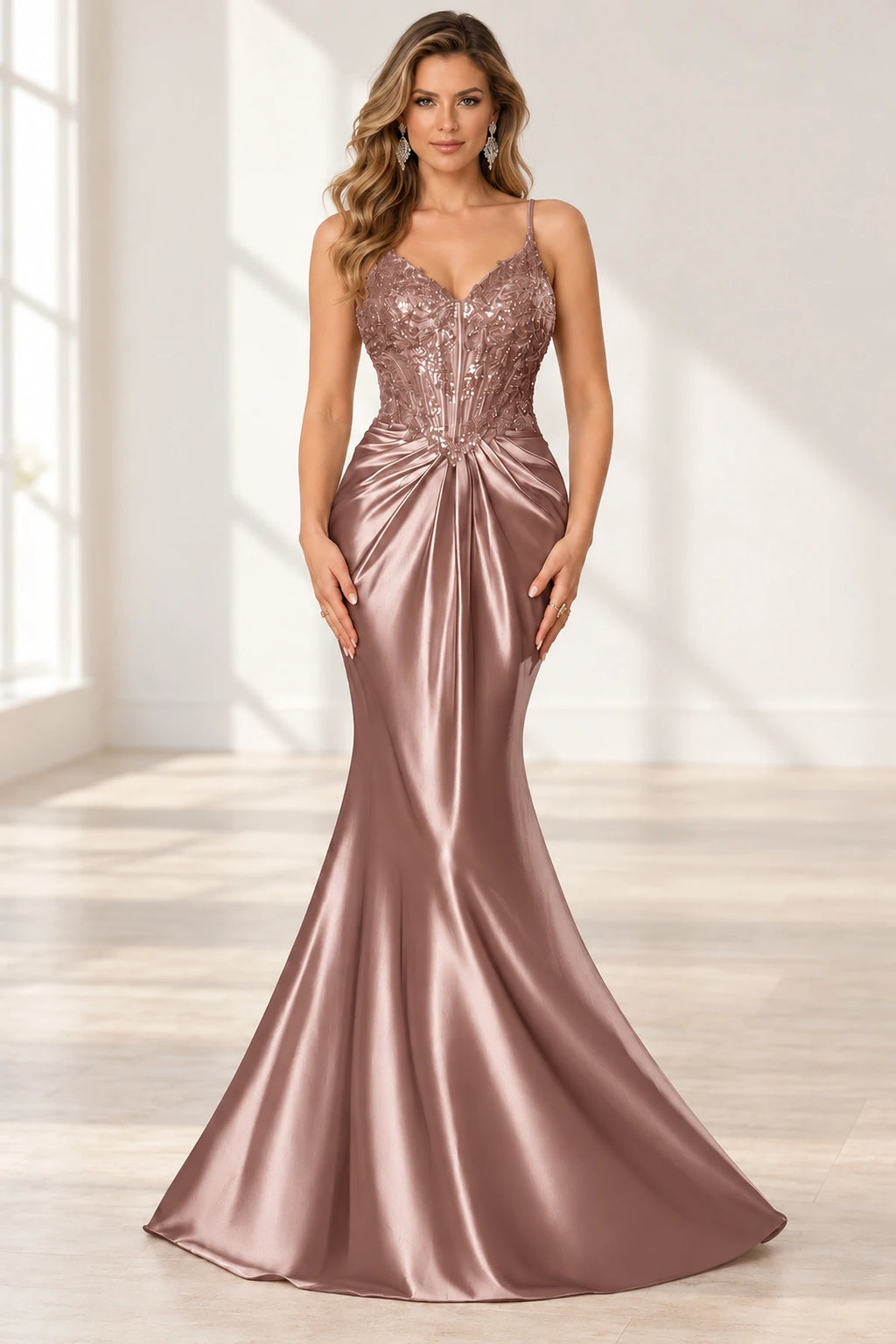 Elegant Satin Mermaid V-Neck Spaghetti Strap Lace-Up Back Prom Dress