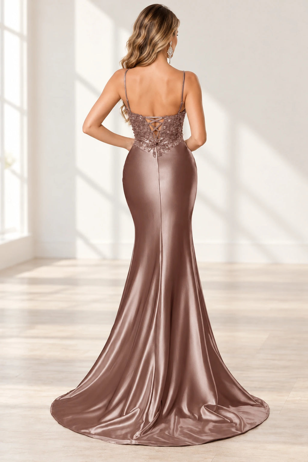 Elegant Satin Mermaid V-Neck Spaghetti Strap Lace-Up Back Prom Dress