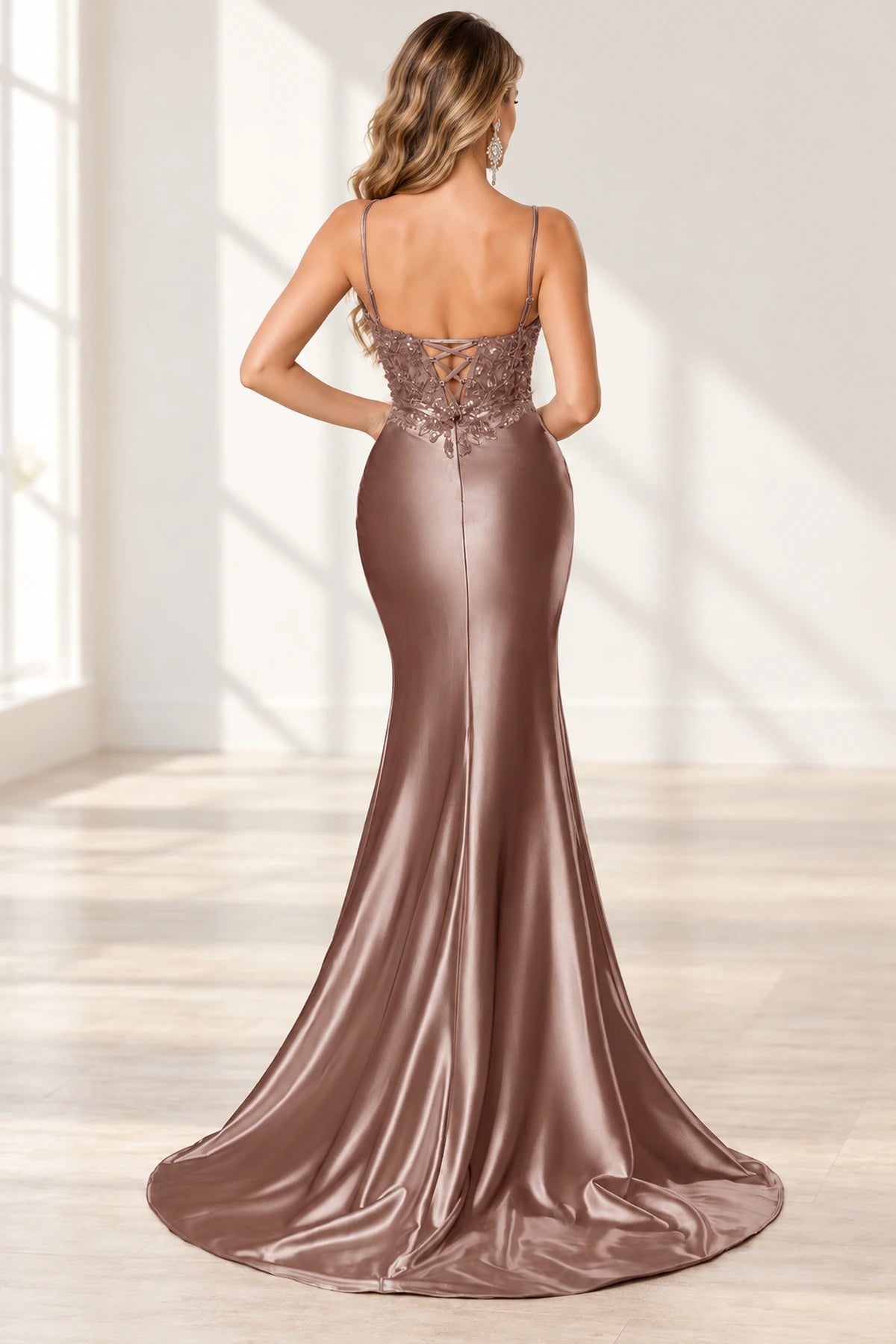 Elegant Satin Mermaid V-Neck Spaghetti Strap Lace-Up Back Prom Dress