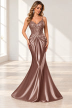 Elegant Satin Mermaid V-Neck Spaghetti Strap Lace-Up Back Prom Dress