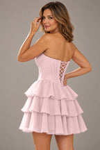 Romantic Fit and Flare Sweetheart Strapless Lace-Up Back Mini Homecoming Dress