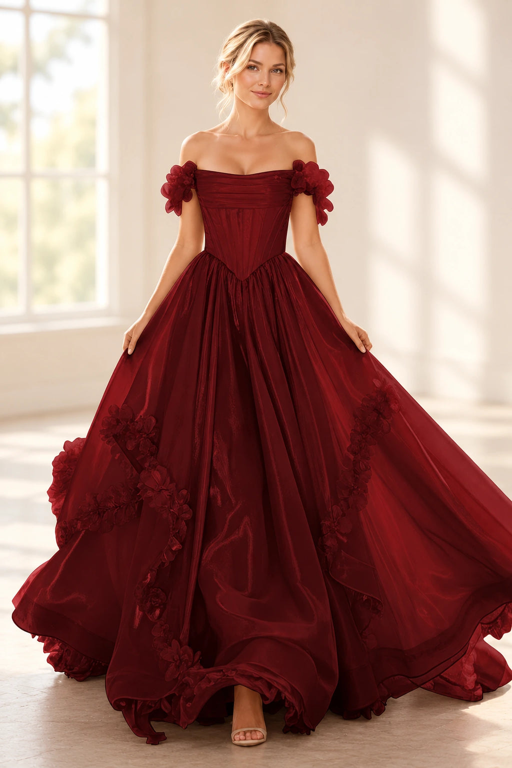 Romantic A Line Off Shoulder Lace Up Floor Length Prom Dress