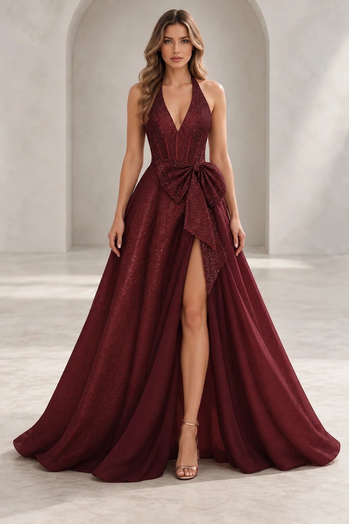 Regal A Line Halter Sleeveless Lace Up Floor Length Prom Dress