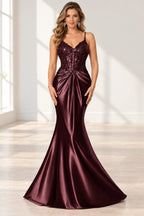 Elegant Satin Mermaid V-Neck Spaghetti Strap Lace-Up Back Prom Dress