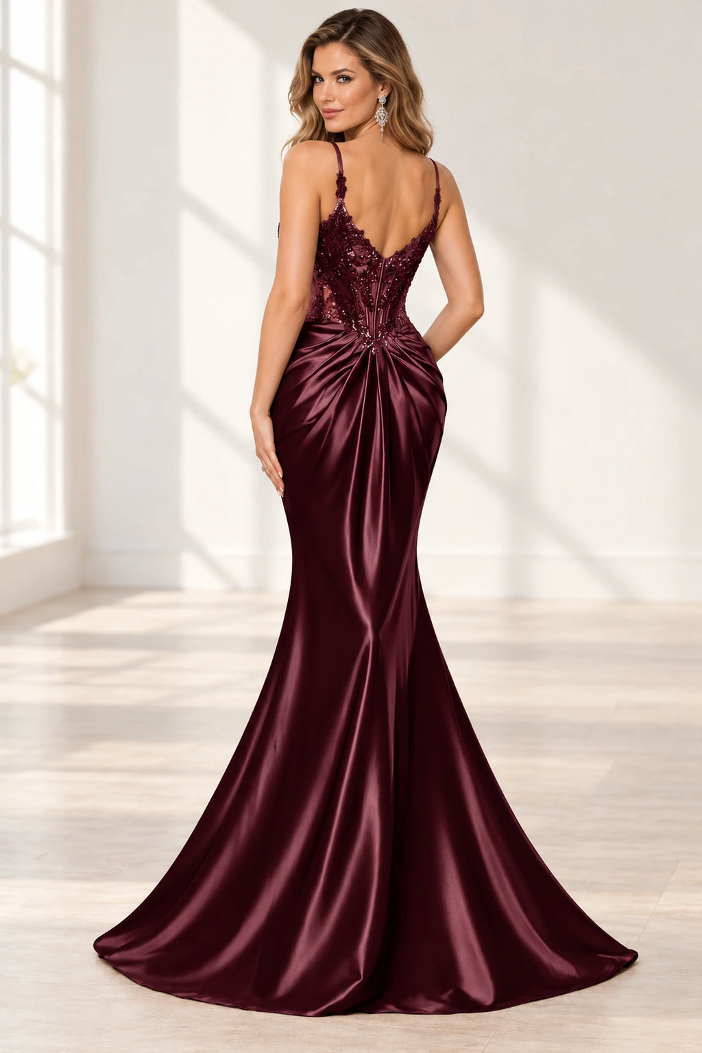 Elegant Satin Mermaid V-Neck Spaghetti Strap Lace-Up Back Prom Dress