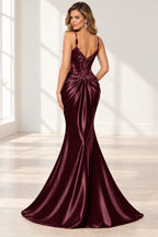 Elegant Satin Mermaid V-Neck Spaghetti Strap Lace-Up Back Prom Dress