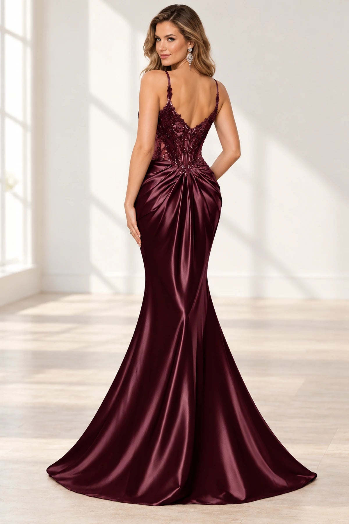 Elegant Satin Mermaid V-Neck Spaghetti Strap Lace-Up Back Prom Dress