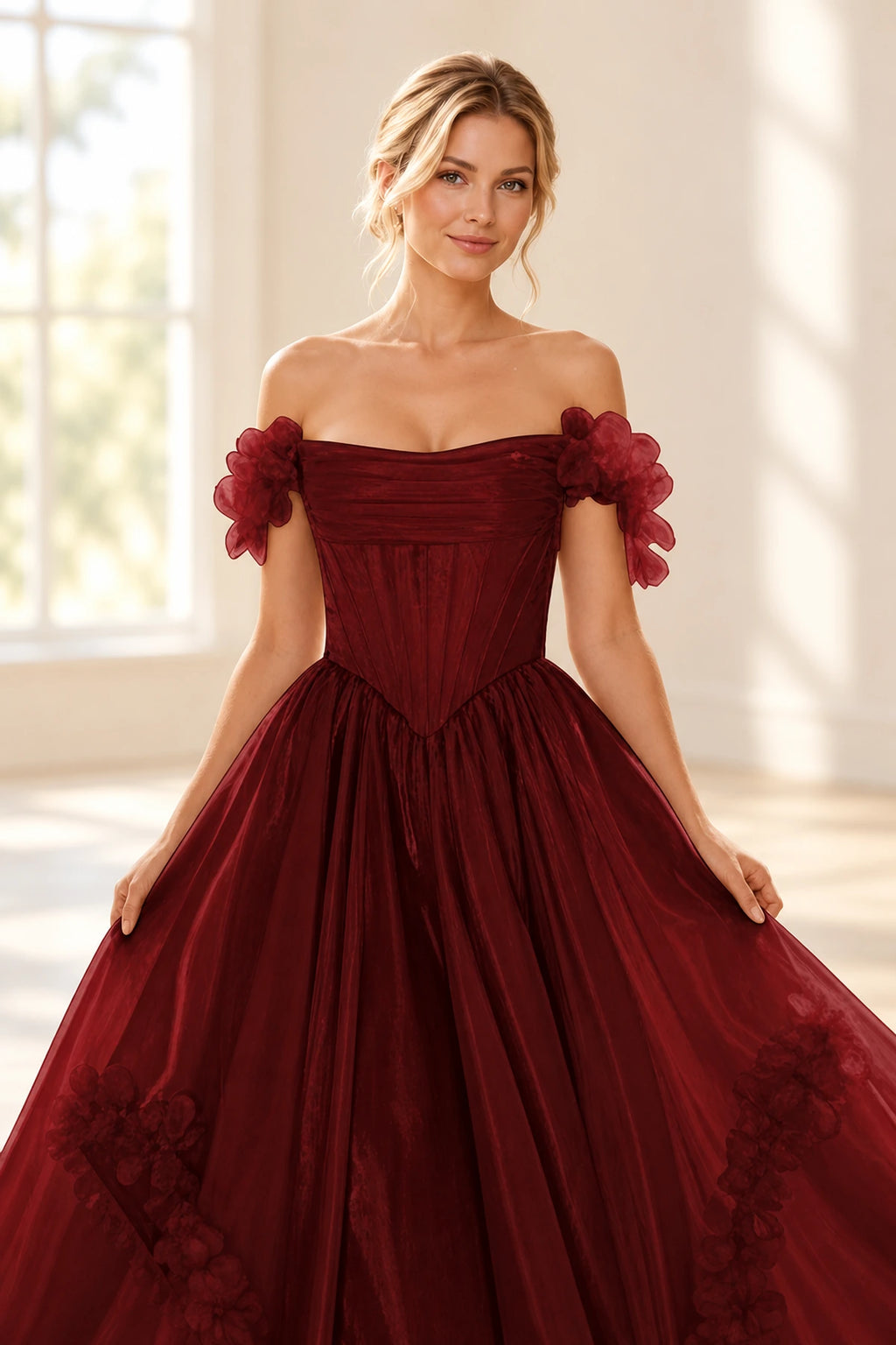 Romantic A Line Off Shoulder Lace Up Floor Length Prom Dress