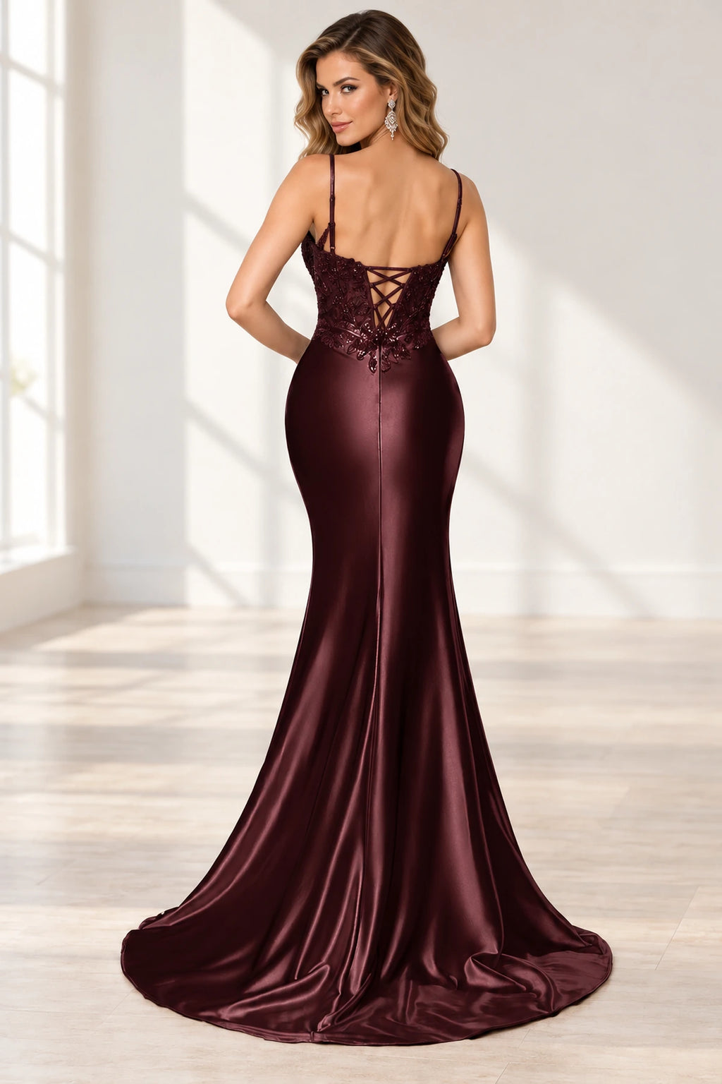 Elegant Satin Mermaid V-Neck Spaghetti Strap Lace-Up Back Prom Dress