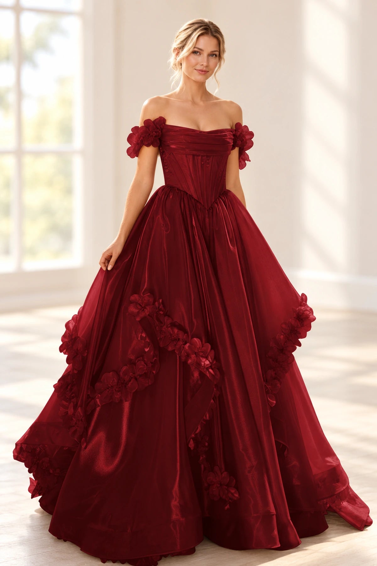 Romantic A Line Off Shoulder Lace Up Floor Length Prom Dress