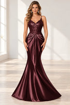 Elegant Satin Mermaid V-Neck Spaghetti Strap Lace-Up Back Prom Dress