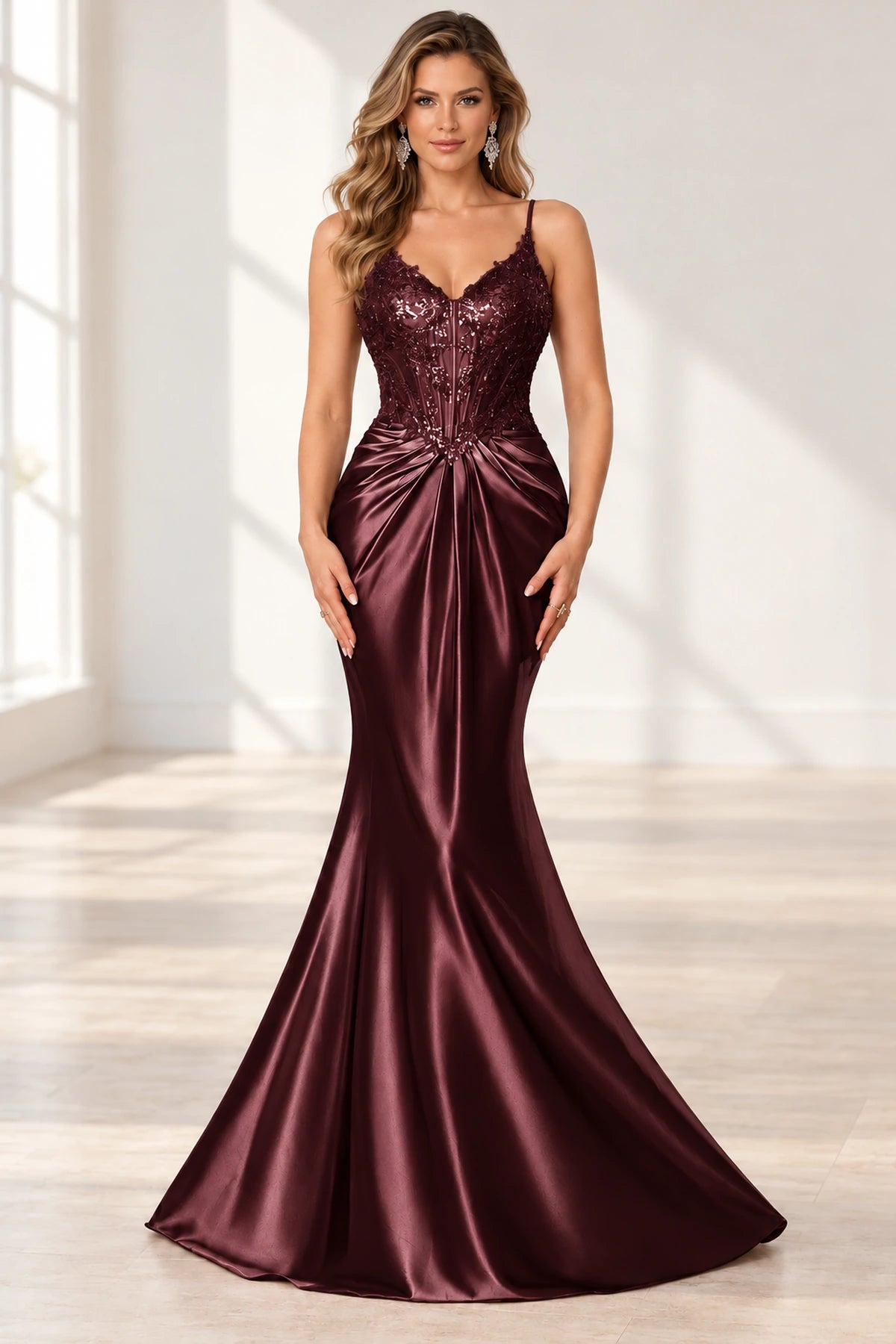 Elegant Satin Mermaid V-Neck Spaghetti Strap Lace-Up Back Prom Dress