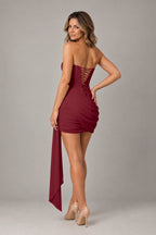 Elegant Sheath Strapless Lace-Up Back Draped Mini Homecoming Dress
