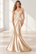 Elegant Satin Mermaid V-Neck Spaghetti Strap Lace-Up Back Prom Dress