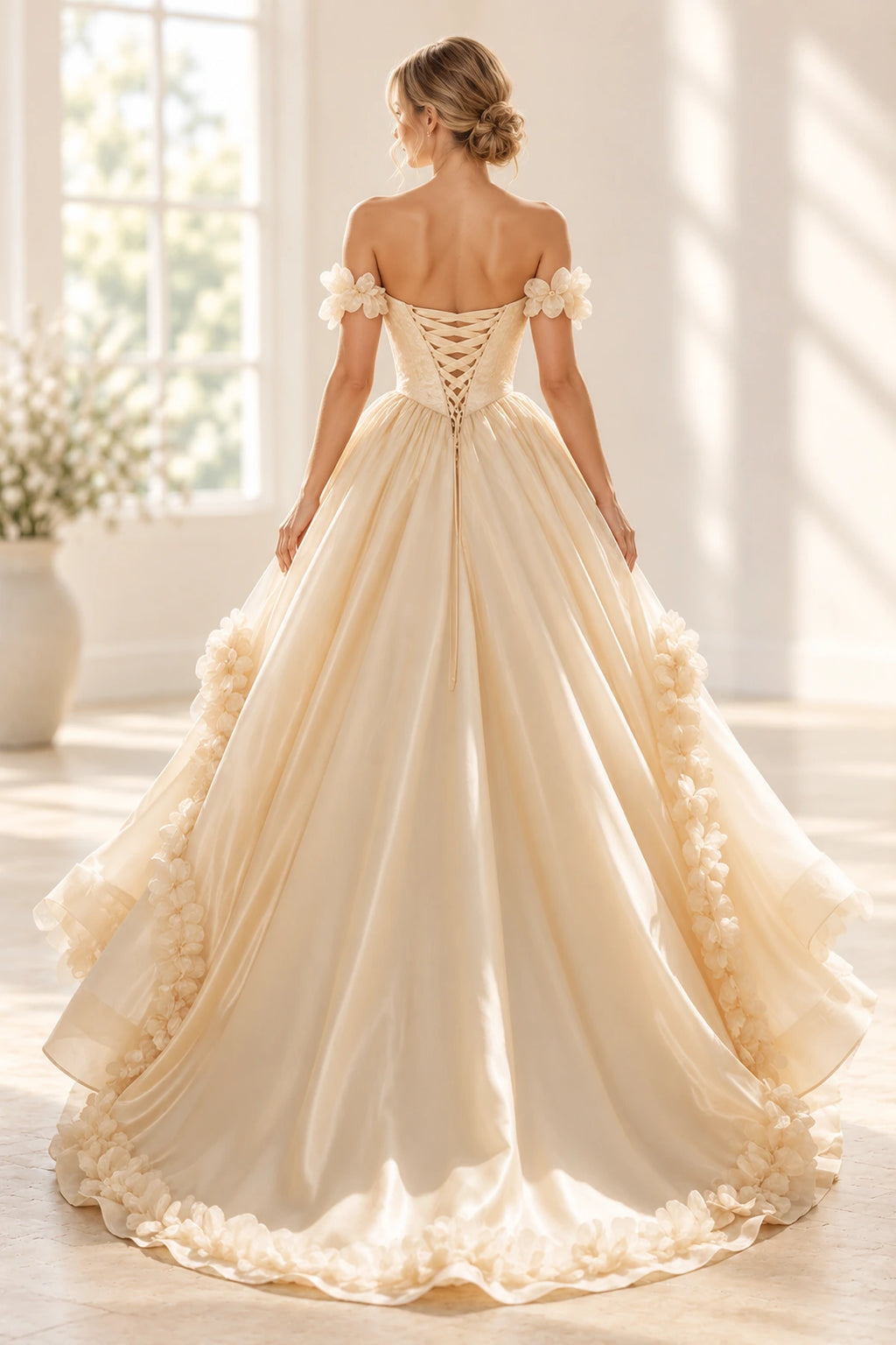 Romantic A Line Off Shoulder Lace Up Floor Length Prom Dress