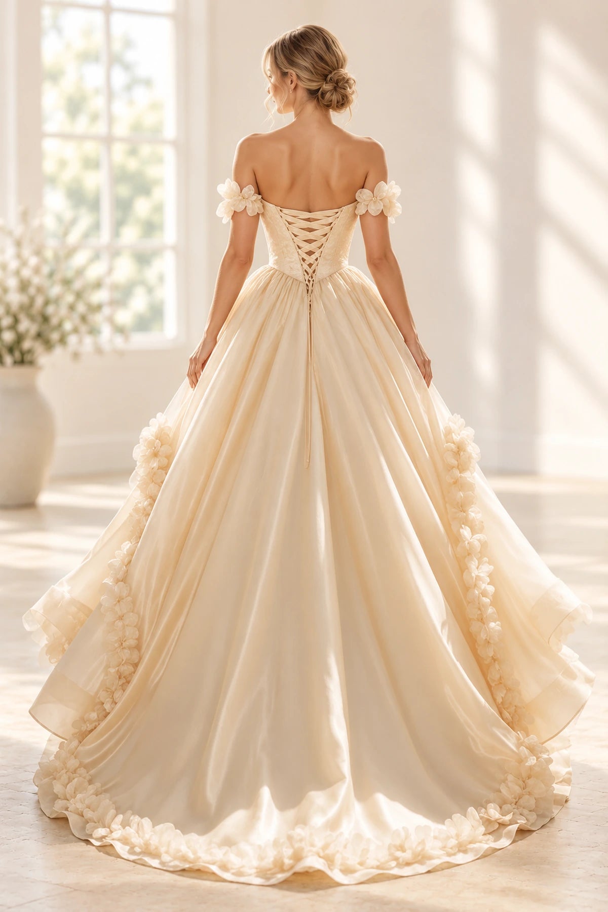 Romantic A Line Off Shoulder Lace Up Floor Length Prom Dress