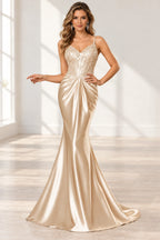 Elegant Satin Mermaid V-Neck Spaghetti Strap Lace-Up Back Prom Dress