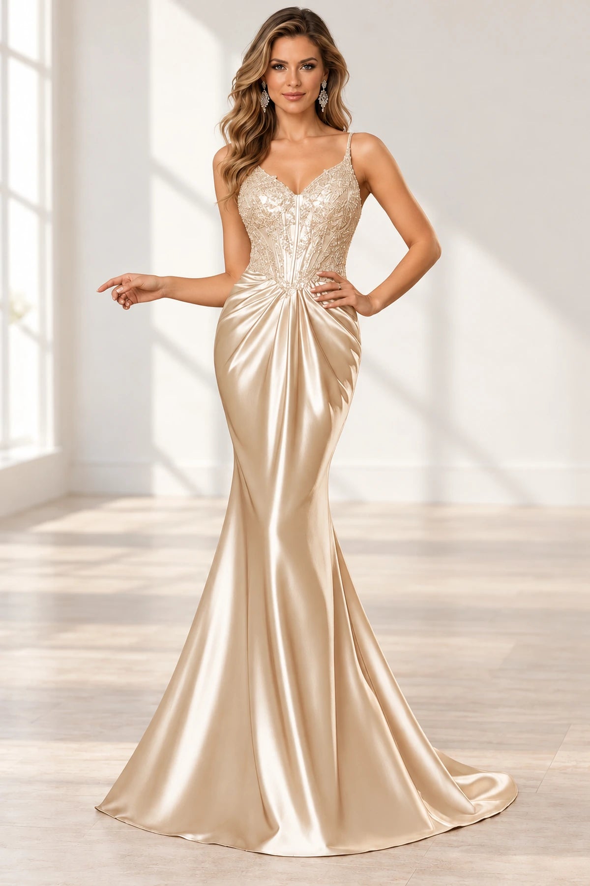 Elegant Satin Mermaid V-Neck Spaghetti Strap Lace-Up Back Prom Dress