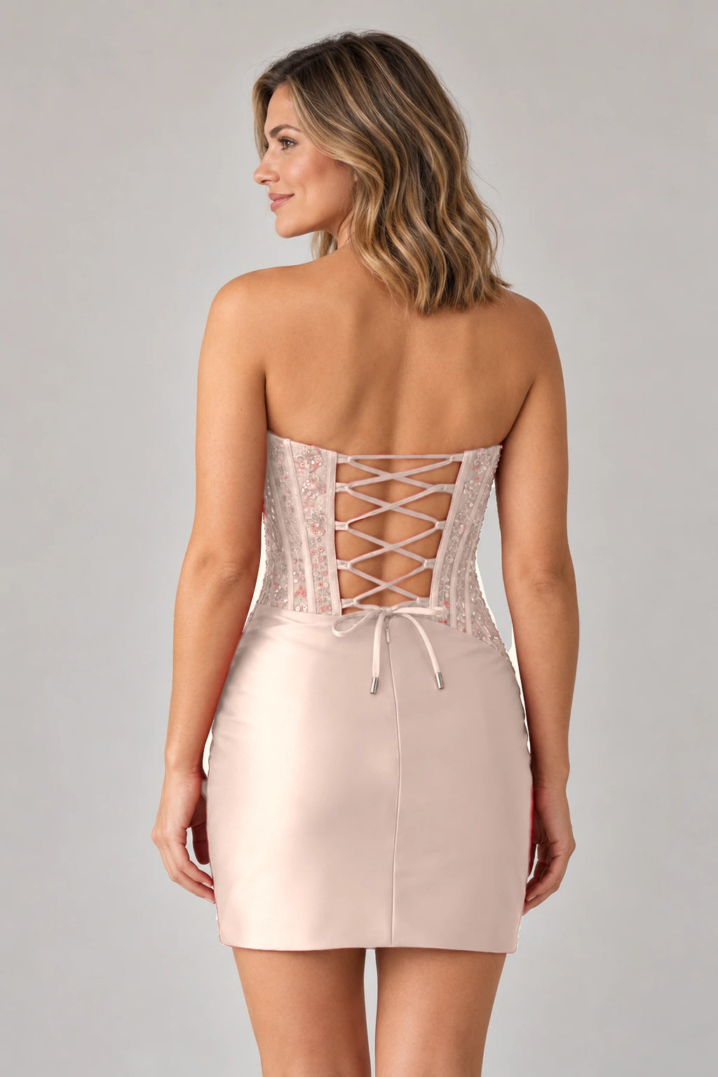 Elegant Sheath Straight Neck Strapless Lace-Up Back Mini Homecoming Dress