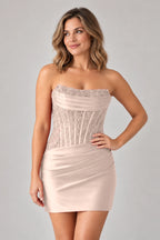 Elegant Sheath Straight Neck Strapless Lace-Up Back Mini Homecoming Dress