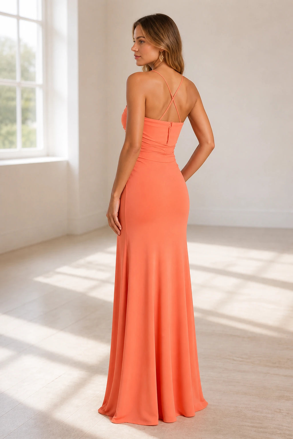 Straight Neck Sleeveless Crisscross Back Floor-Length Bridesmaid Dress