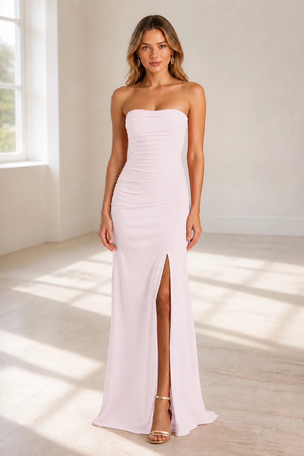 Straight Neck Sleeveless Crisscross Back Floor-Length Bridesmaid Dress