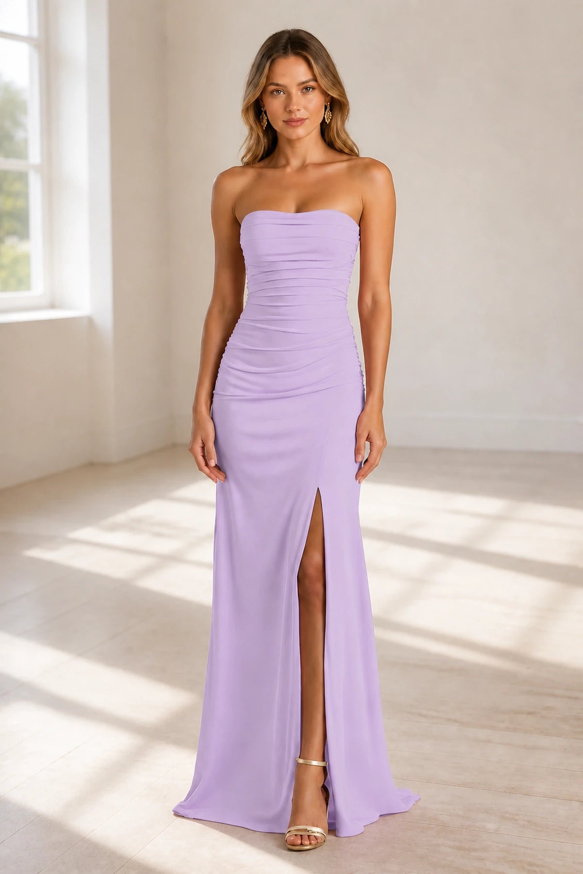 Straight Neck Sleeveless Crisscross Back Floor-Length Bridesmaid Dress