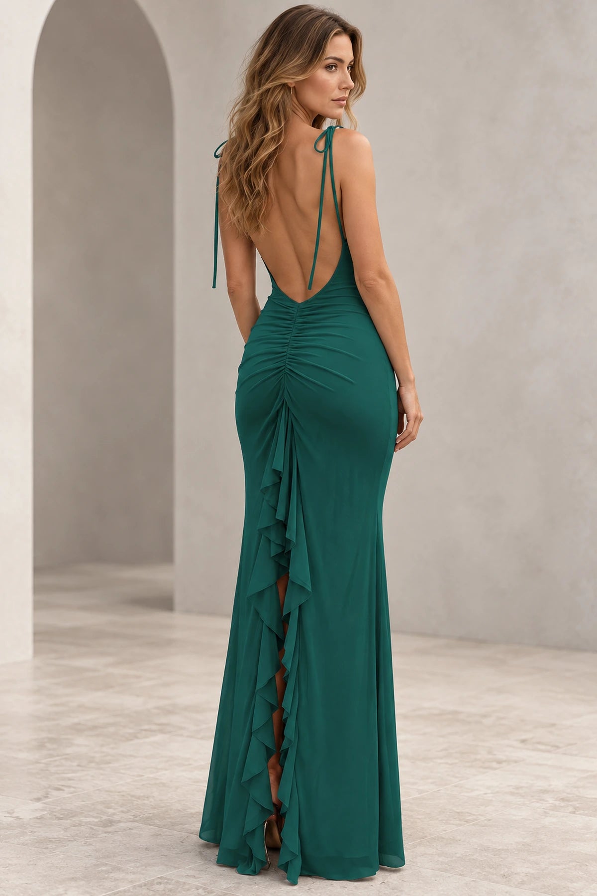 Romantic Sheath V Neck Sleeveless Tie Shoulder Floor Length Bridesmaid Dress