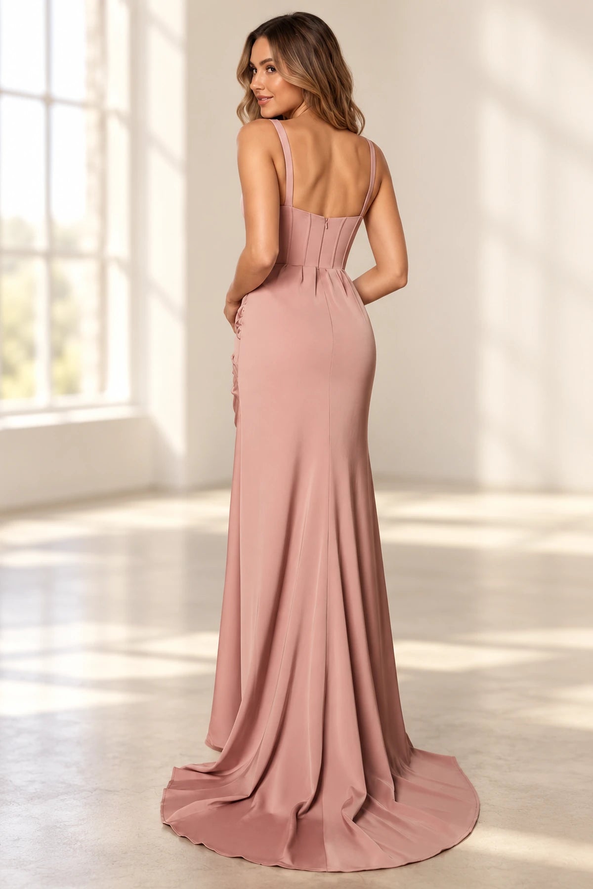 Dusty rose bridesmaid dress showing a low curved back, vertical bodice panels, center zipper, and a fitted skirt with a small train.