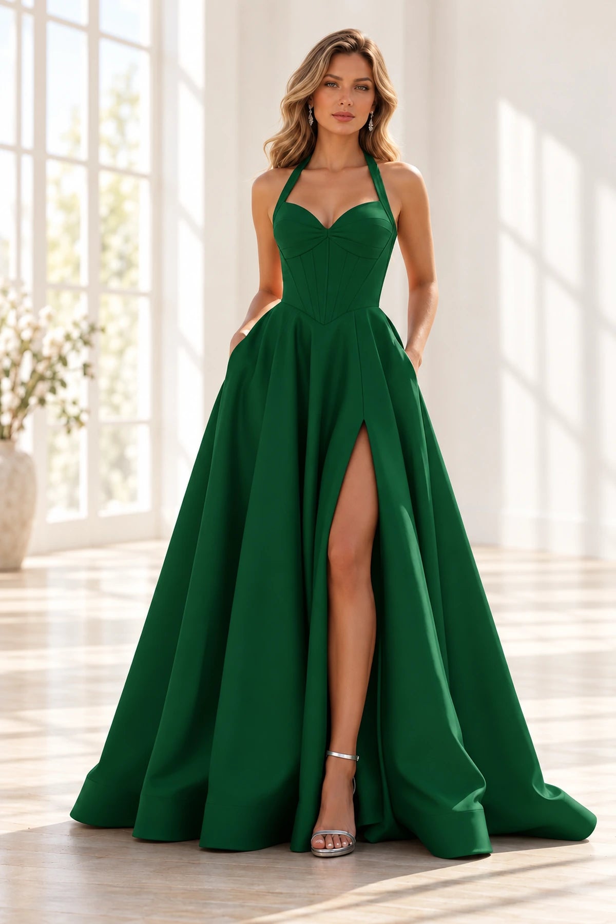 Elegant Satin A-Line Halter Sweetheart Sleeveless Lace-Up Back Long Prom Dress
