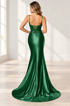 Elegant Satin Mermaid V-Neck Spaghetti Strap Lace-Up Back Prom Dress