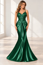 Elegant Satin Mermaid V-Neck Spaghetti Strap Lace-Up Back Prom Dress