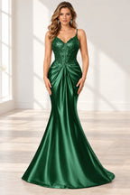 Elegant Satin Mermaid V-Neck Spaghetti Strap Lace-Up Back Prom Dress