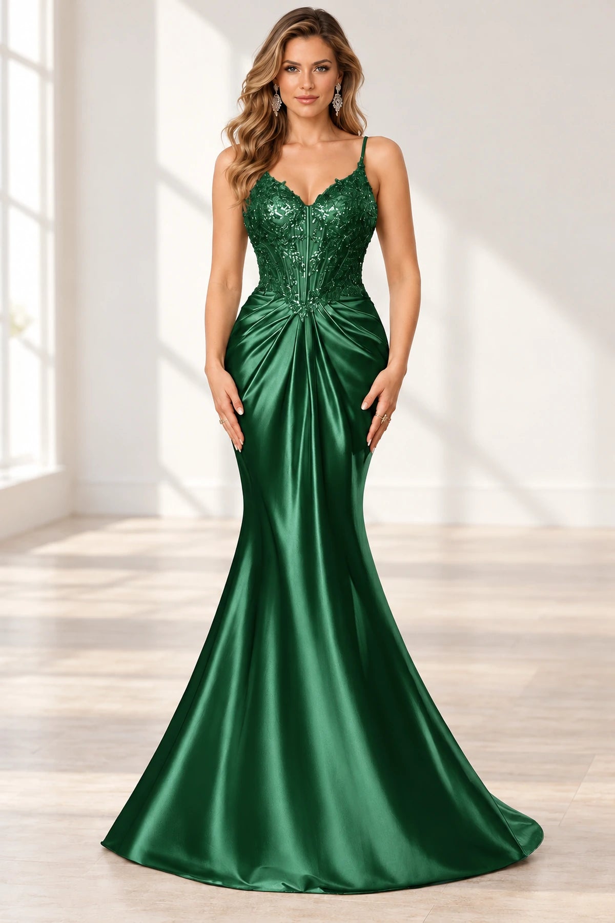 Elegant Satin Mermaid V-Neck Spaghetti Strap Lace-Up Back Prom Dress