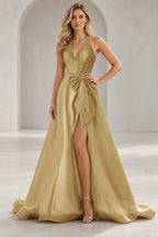 Regal A Line Halter Sleeveless Lace Up Floor Length Prom Dress