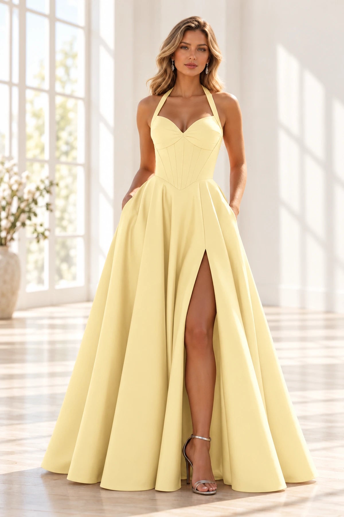 Elegant Satin A-Line Halter Sweetheart Sleeveless Lace-Up Back Long Prom Dress