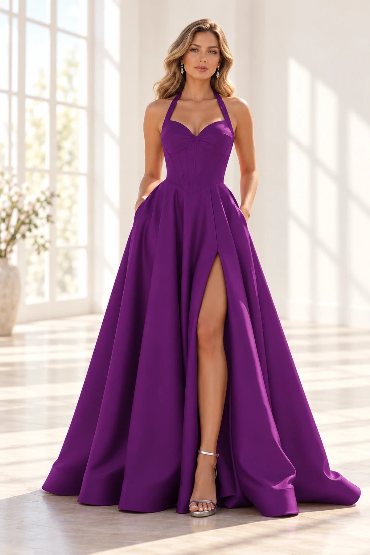 Elegant Satin A-Line Halter Sweetheart Sleeveless Lace-Up Back Long Prom Dress