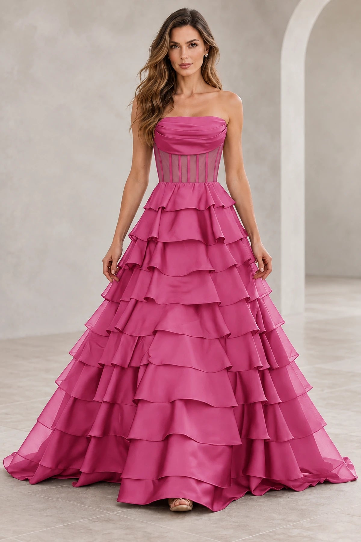 Dreamy A Line Strapless Straight Neck Lace Up Long Prom Dress