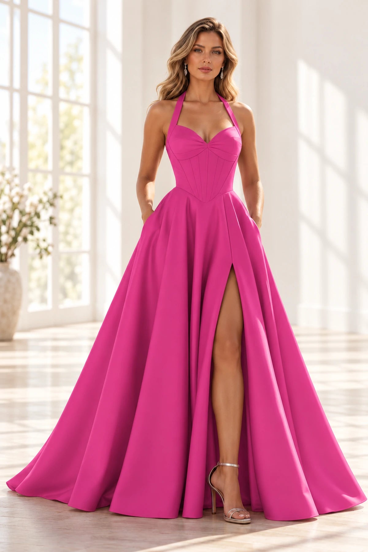 Elegant Satin A-Line Halter Sweetheart Sleeveless Lace-Up Back Long Prom Dress