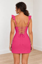 Charming Sheath Sweetheart Ruffle Strap Lace-Up Back Mini Homecoming Dress