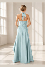 Bridesmaid Dress, Ice Blue Dress, A-Line Dress, Halter Dress, V-Neck Dress, Lace Up Back Dress, Slit Dress, Long Bridesmaid Dress, Vedress,