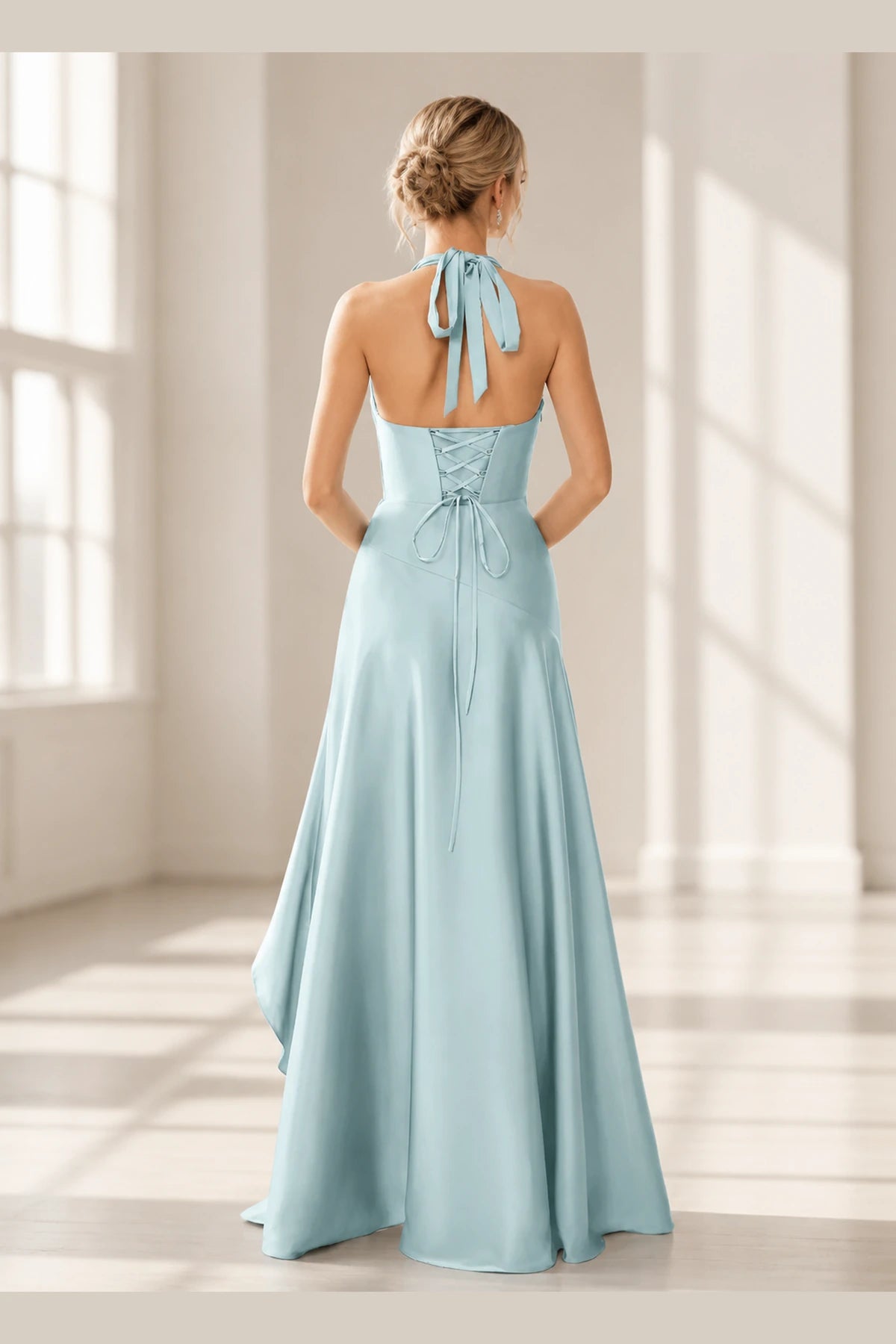 Bridesmaid Dress, Ice Blue Dress, A-Line Dress, Halter Dress, V-Neck Dress, Lace Up Back Dress, Slit Dress, Long Bridesmaid Dress, Vedress,
