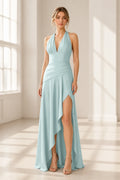 Bridesmaid Dress, Ice Blue Dress, A-Line Dress, Halter Dress, V-Neck Dress, Lace Up Back Dress, Slit Dress, Long Bridesmaid Dress, Vedress,
