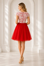 Red short A line Dress with lace bodice and back zipper closure