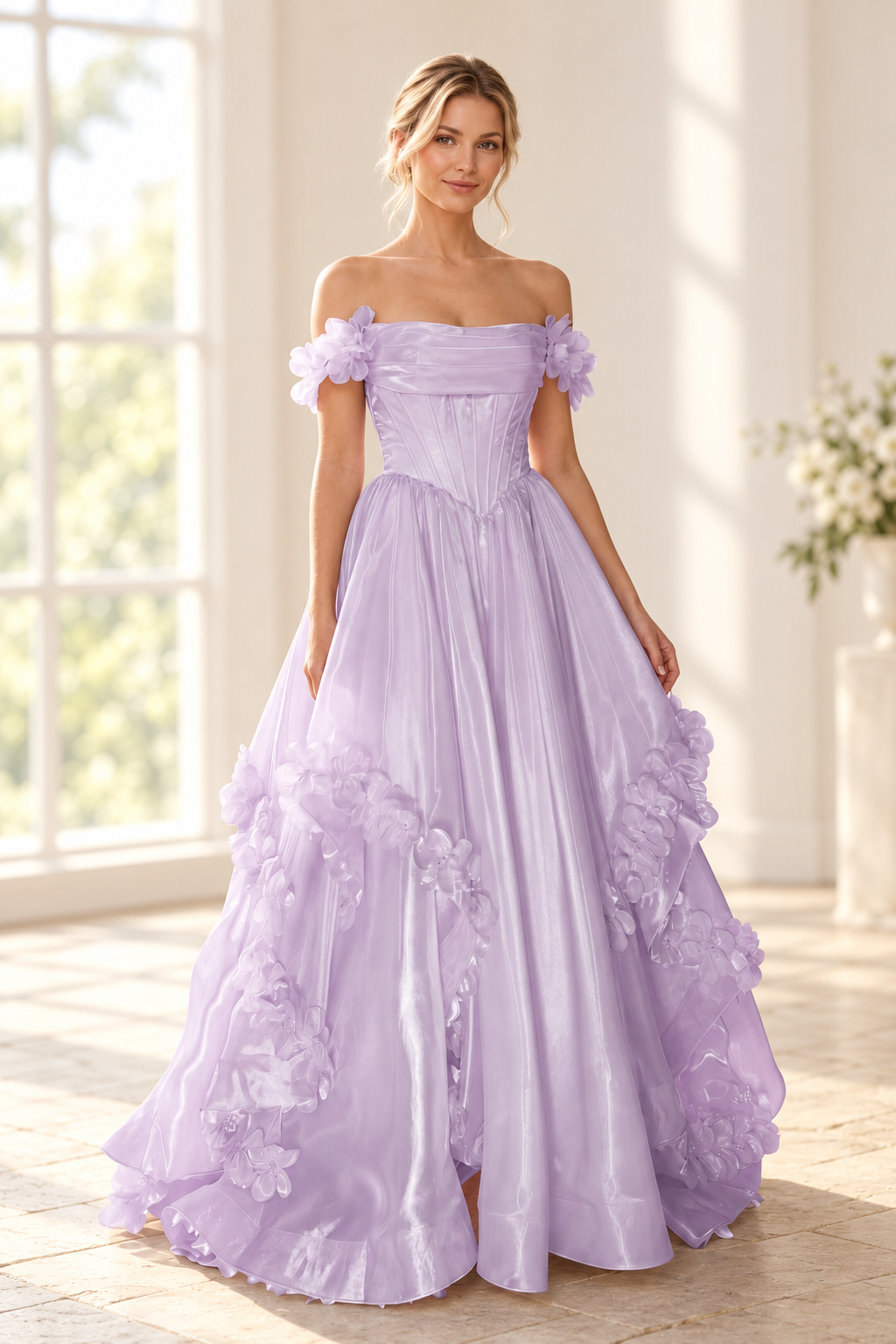Romantic A Line Off Shoulder Lace Up Floor Length Prom Dress
