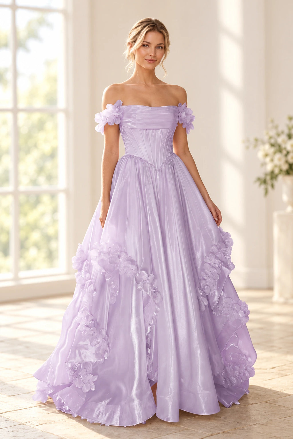 Romantic A Line Off Shoulder Lace Up Floor Length Prom Dress