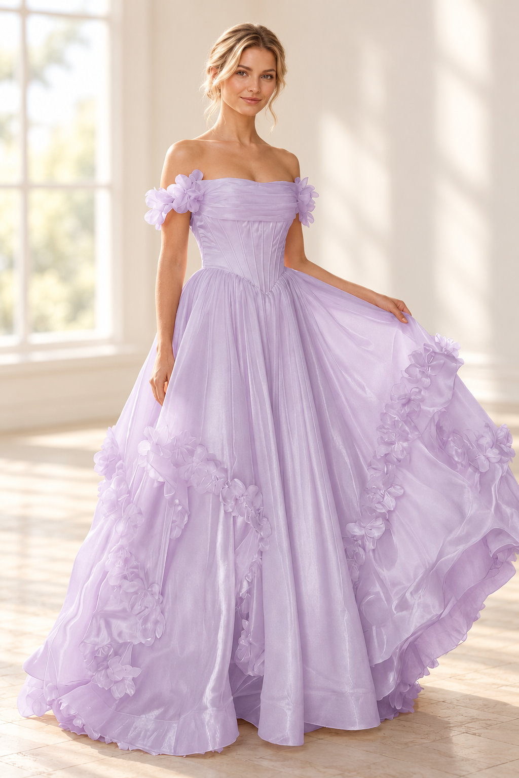 Romantic A Line Off Shoulder Lace Up Floor Length Prom Dress