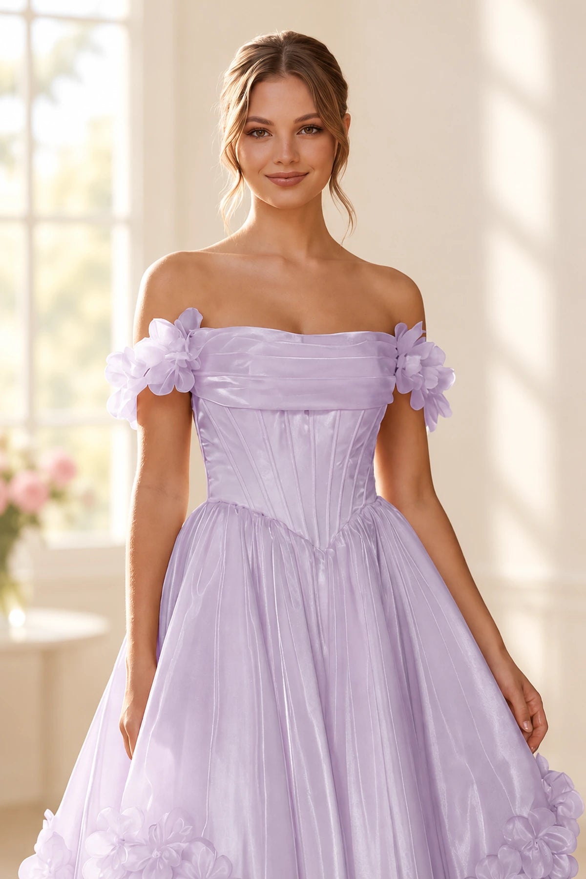 Romantic A Line Off Shoulder Lace Up Floor Length Prom Dress